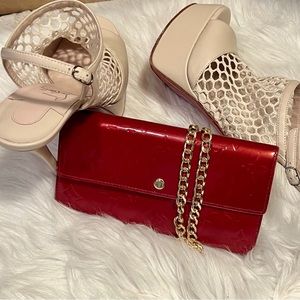 Authentic Red Louis Vuitton Vernis Wallet +  Gold chain
